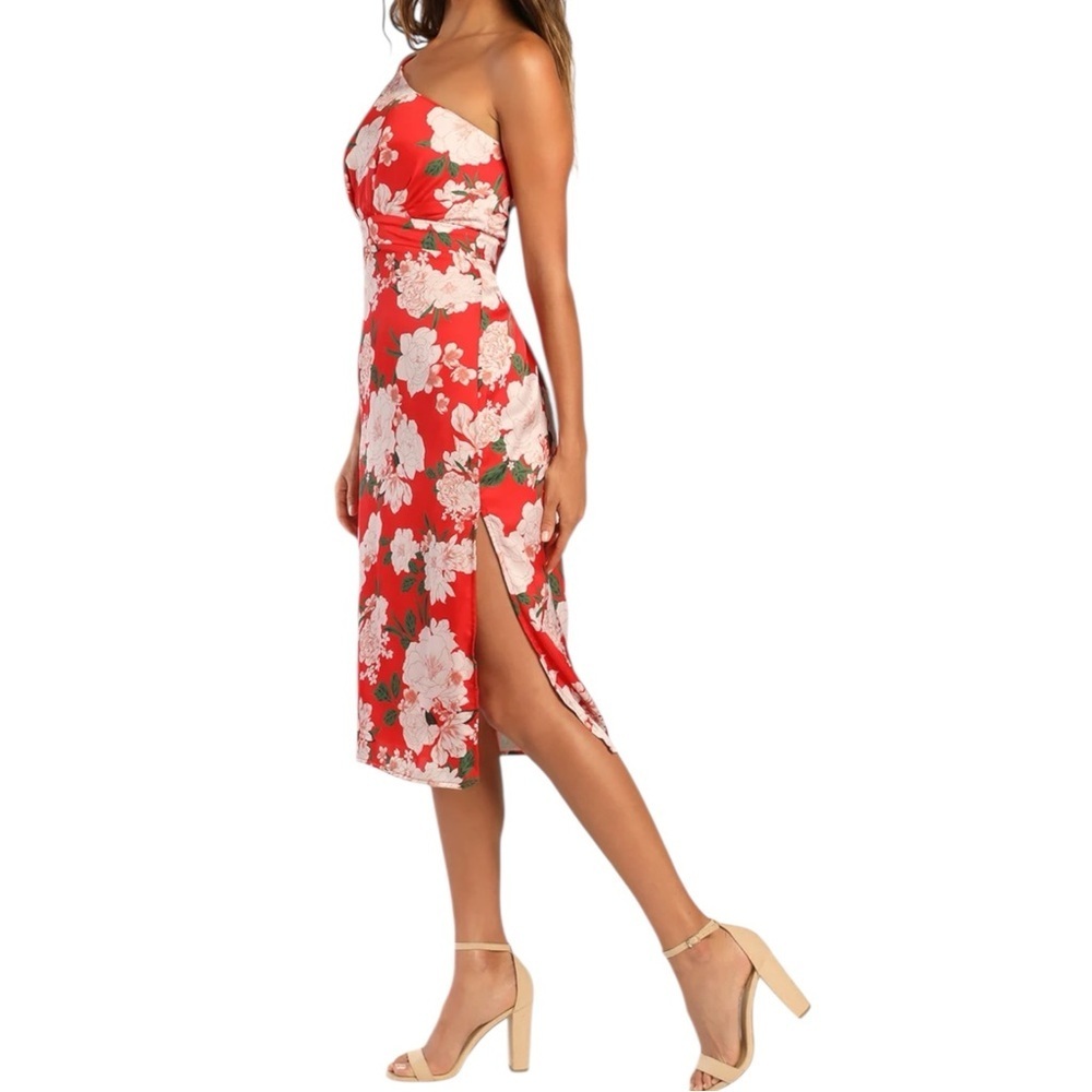 LULUS RED FLORAL PRINT SATIN ONE-SHOULDER SUMMER DRESS SZ SM